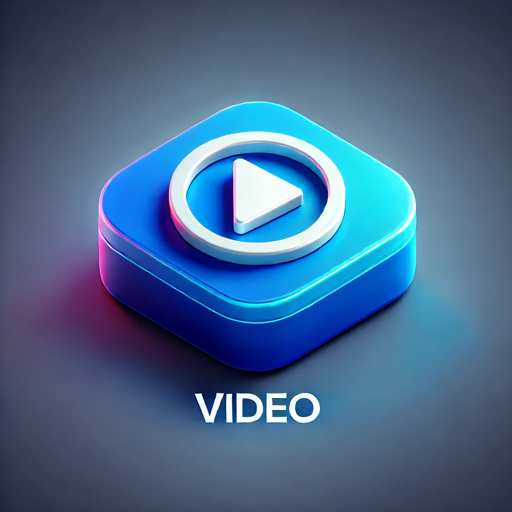 DALL·E 2024-08-18 18.24.08 - A small 3D-style button for video with a rounded square shape. The button has a vivid blue gradient background with a slight shadow to create a 3D eff